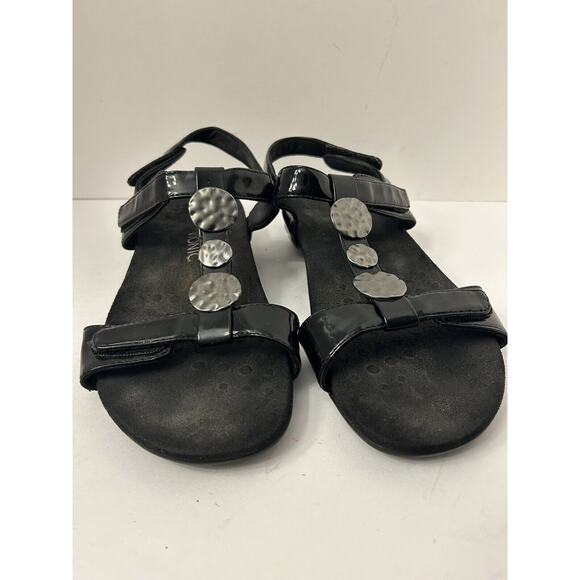 Vionic Size 11 Black Farra Silver Disc Trim T Strap Sandals Shoes Adjustable - Picture 3 of 8